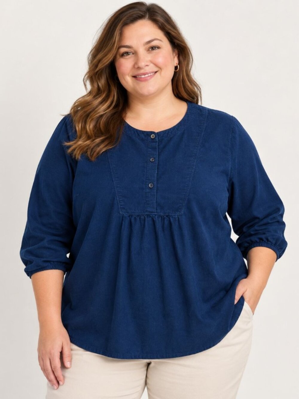 Lands End Womens 3X 24W 26W Navy Corduroy Tunic Top Henley Balloon Sleeve